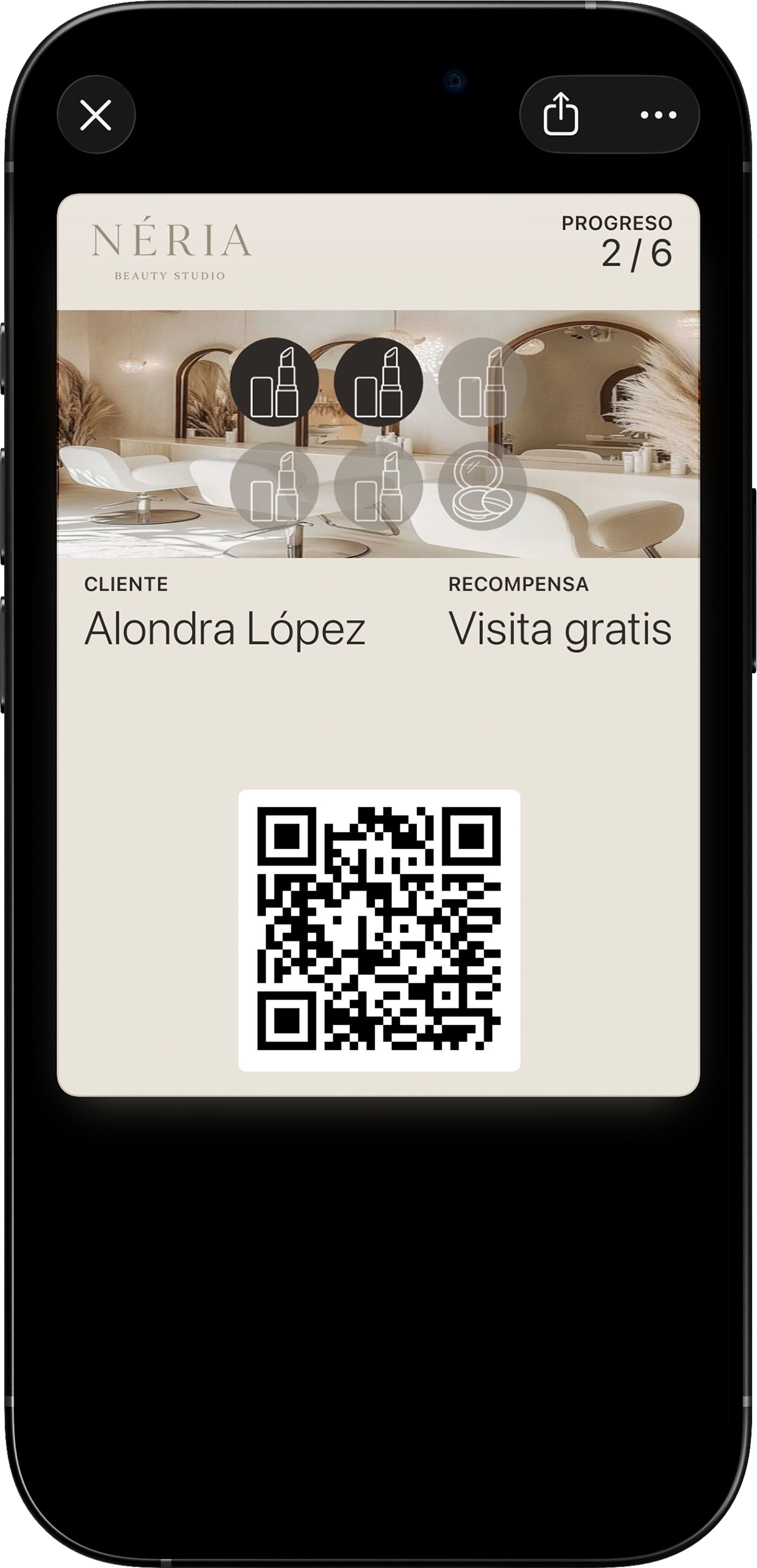 Tarjeta con 2 de 6 sellos acumulados en Apple Wallet
