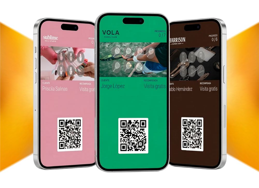 Tres tarjetas de lealtad PenwinCards en iPhone — Sublime, VOLA y Harrison