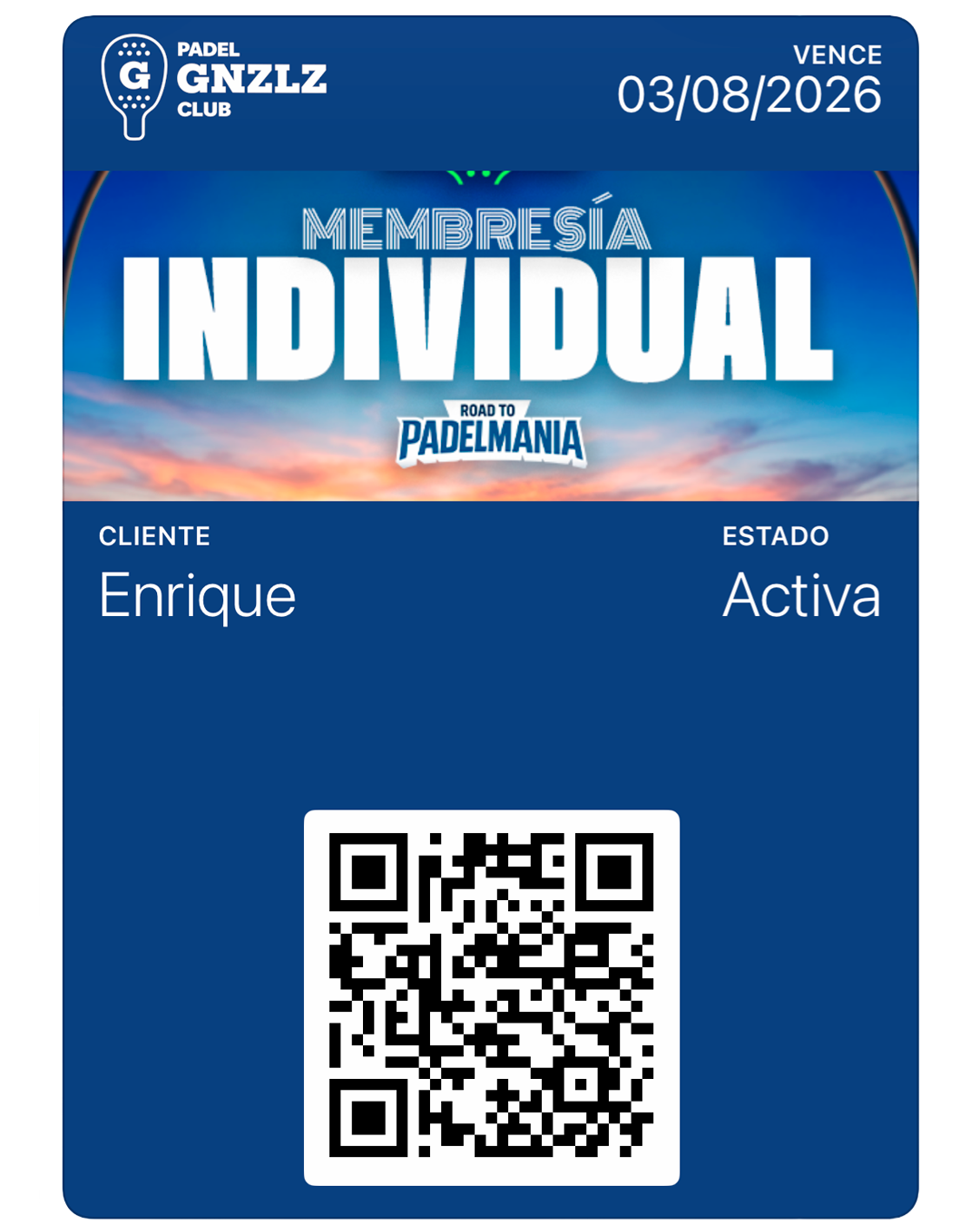 Tarjeta de membresía individual de Padel GN'ZLZ Club, con su vigencia y el QR del socio