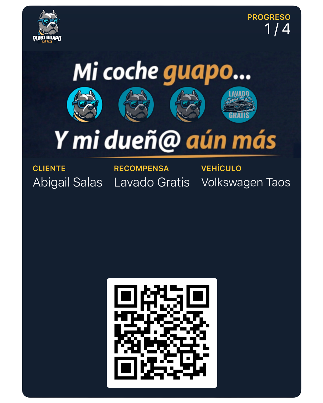Tarjeta de lealtad de Puro Guapo Car Wash, con un sello de cuatro acumulados